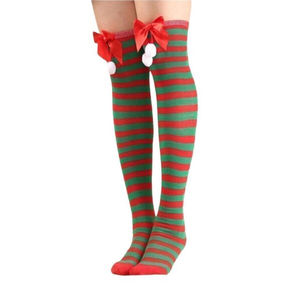 Red and Green Pom Pom Knee Socks - Picture 2 of 3
